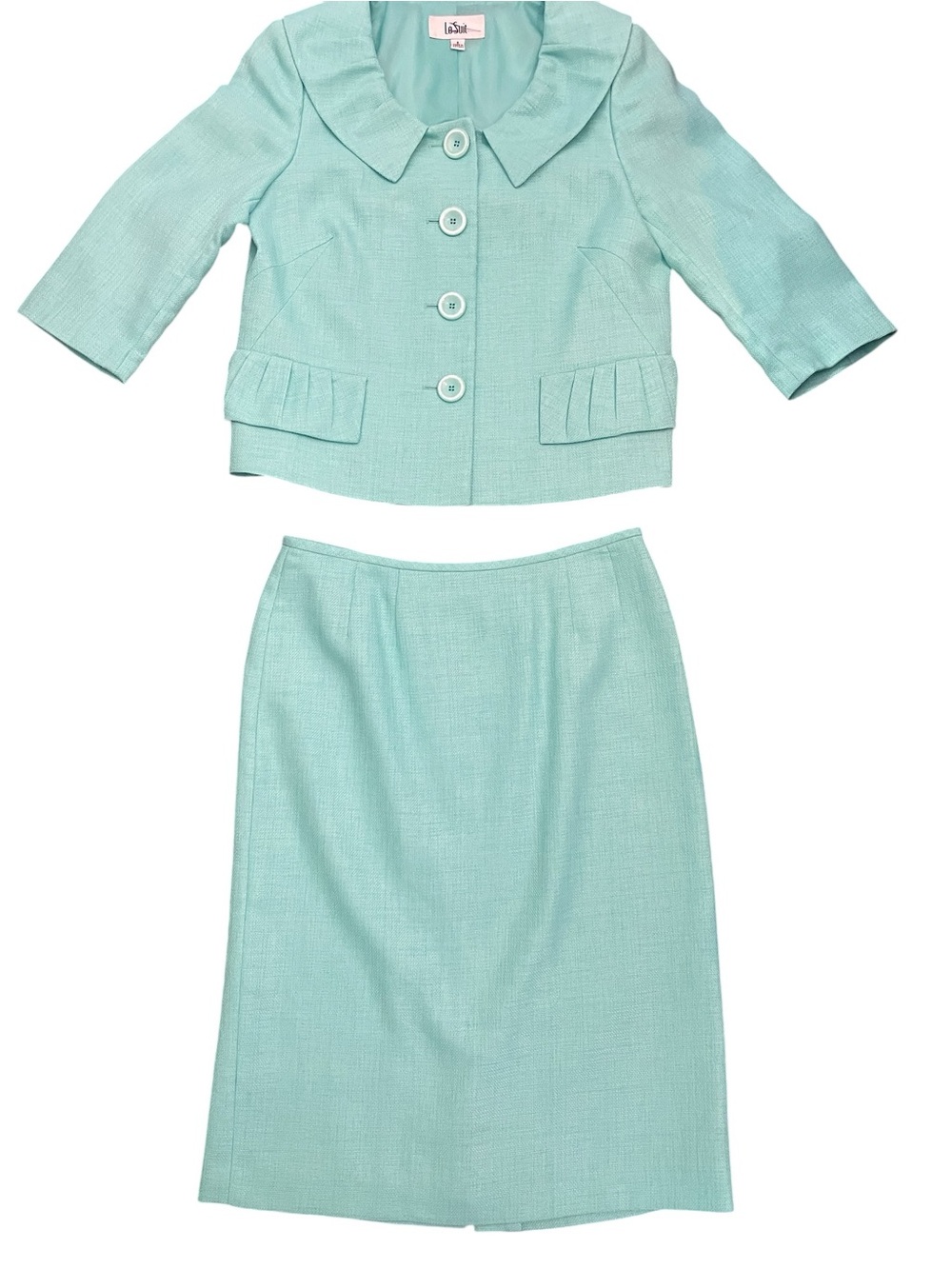 Le Suit 2Piece Skirt Set. Textured Slub Fabric, Riffled Peter Pan Collar Size 8